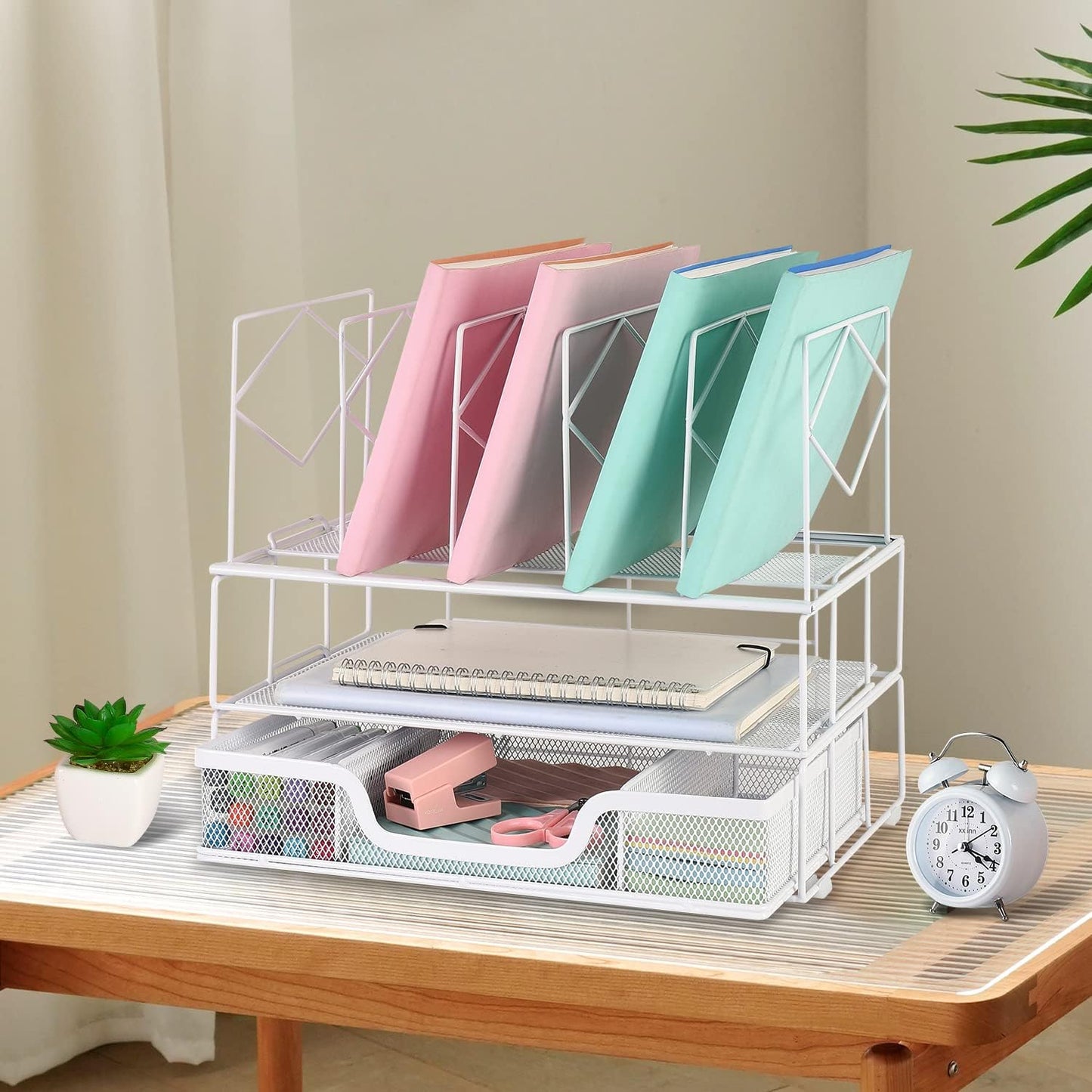 Desk Organizers and Accessories, Office Supplies Organizer with Sliding Drawer, Double Tray 5 Upright Section File Sorter (White)