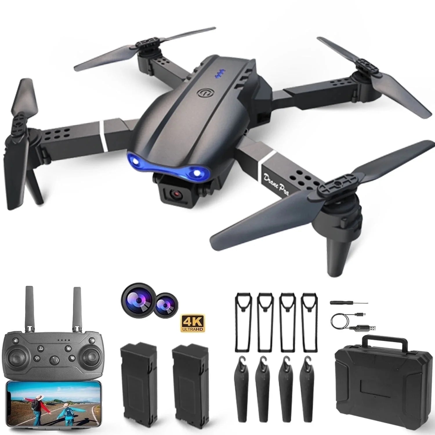 Drone E99Pro HD Dual Camera Quadcopter, Foldable, Altitude Hold, 30 Min Flight, 2 Batteries, Black Case