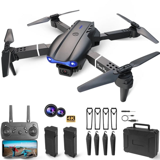 Drone E99Pro HD Dual Camera Quadcopter, Foldable, Altitude Hold, 30 Min Flight, 2 Batteries, Black Case