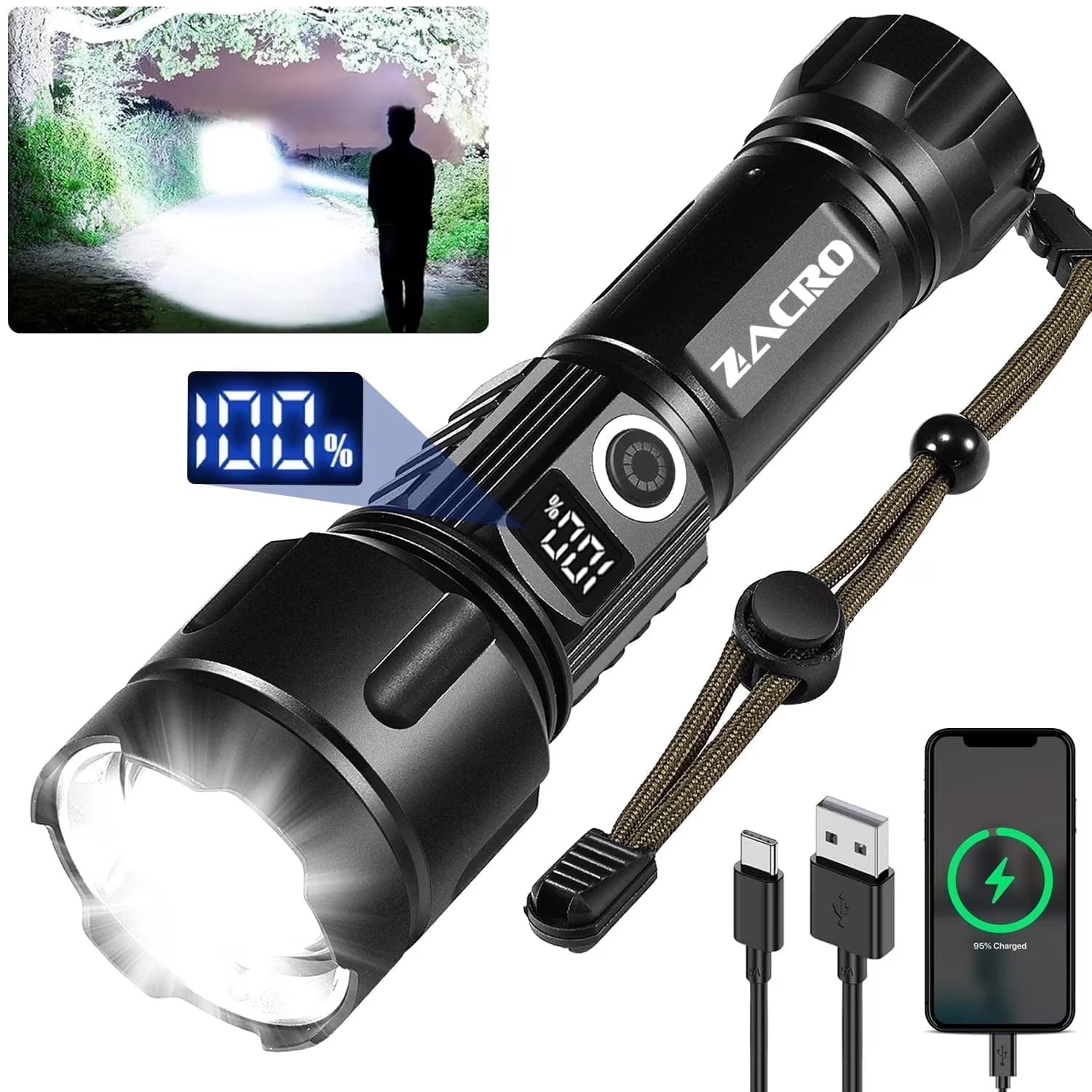 Rechargeable Flashlight High Lumens, XHP70.3 Super Bright Flashlight with Digital Power Display, 5 Modes, IPX7 Waterproof LED Flashlight for Emergencies, Camping, Hiking