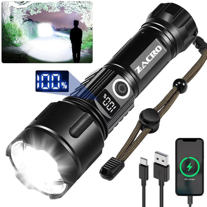Rechargeable Flashlight High Lumens, XHP70.3 Super Bright Flashlight with Digital Power Display, 5 Modes, IPX7 Waterproof LED Flashlight for Emergencies, Camping, Hiking