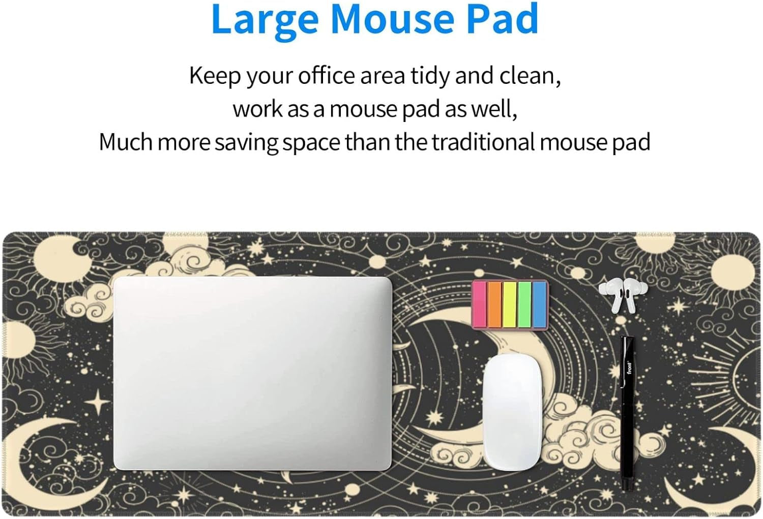 Japanese Ocean Waves Gaming Mouse Pad XL, Non Slip Rubber Base Mousepad, Stitched Edges Desk Pad, Extended Large Mice Pad,31.5 X 11.8 Inch (Astrology Moon Sun)