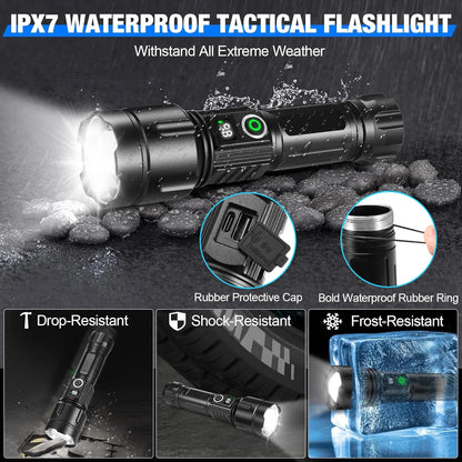 Rechargeable Flashlight High Lumens, XHP70.3 Super Bright Flashlight with Digital Power Display, 5 Modes, IPX7 Waterproof LED Flashlight for Emergencies, Camping, Hiking