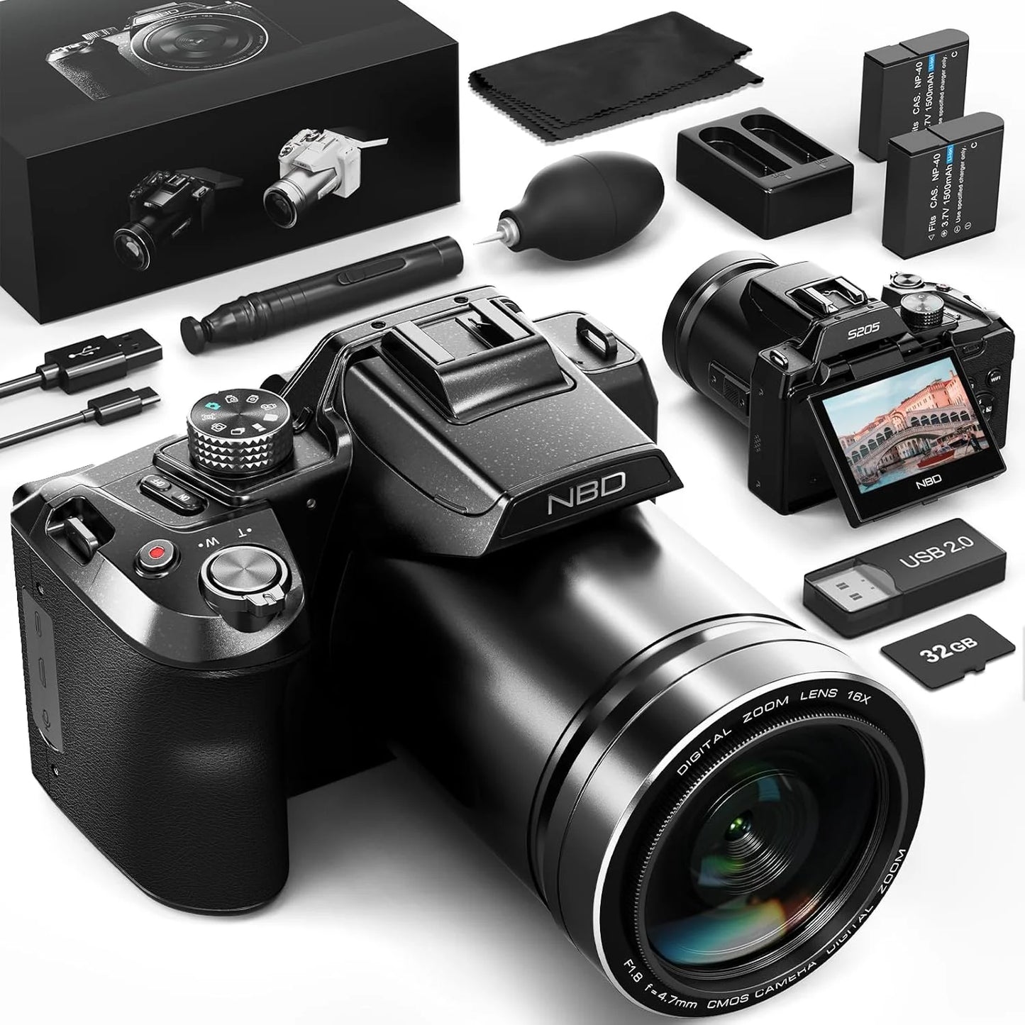 Digital Camera for Photography,4K 64MP Video Camera with 16X Digital Zoom and 32GB SD Card Black