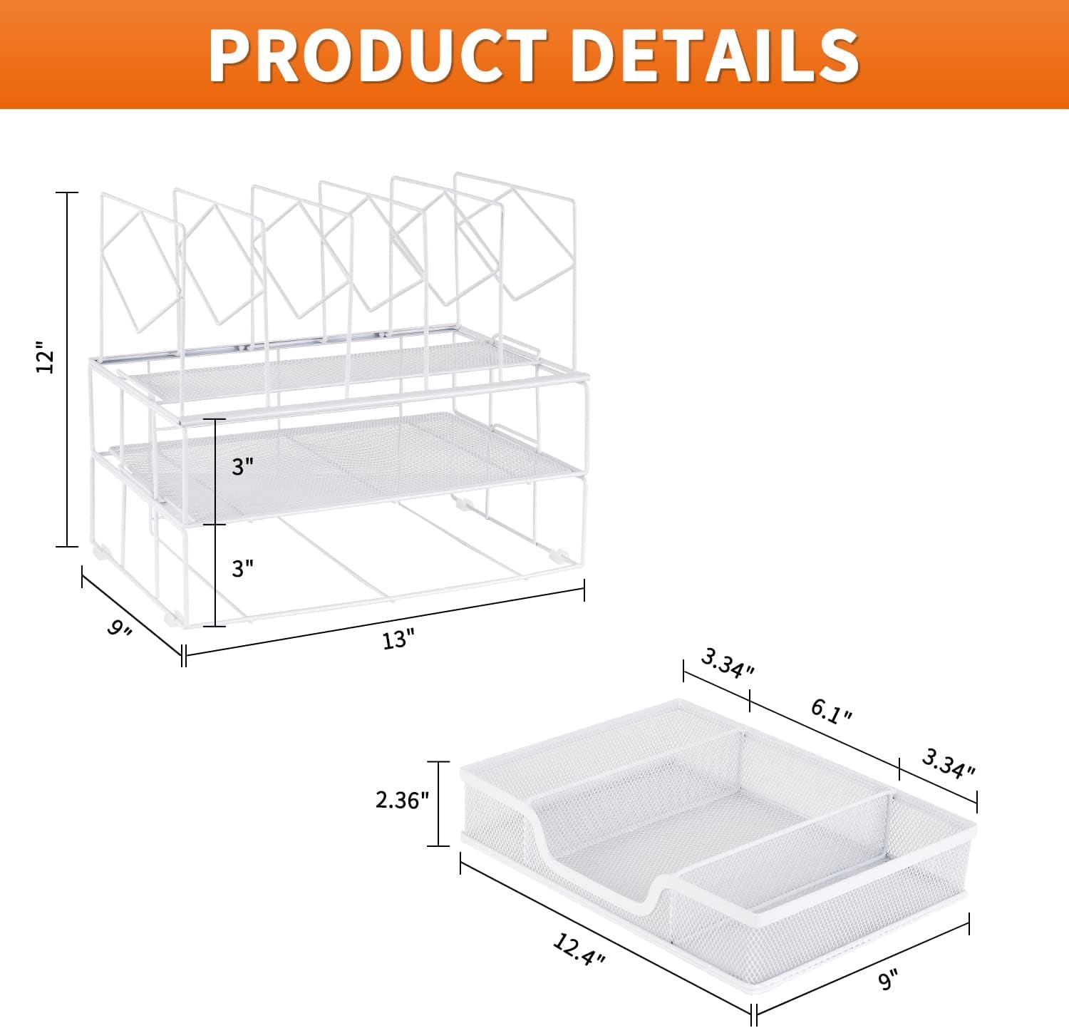 Desk Organizers and Accessories, Office Supplies Organizer with Sliding Drawer, Double Tray 5 Upright Section ​File Sorter (White)