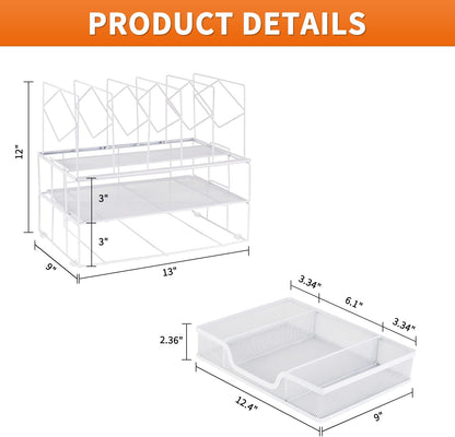 Desk Organizers and Accessories, Office Supplies Organizer with Sliding Drawer, Double Tray 5 Upright Section ​File Sorter (White)