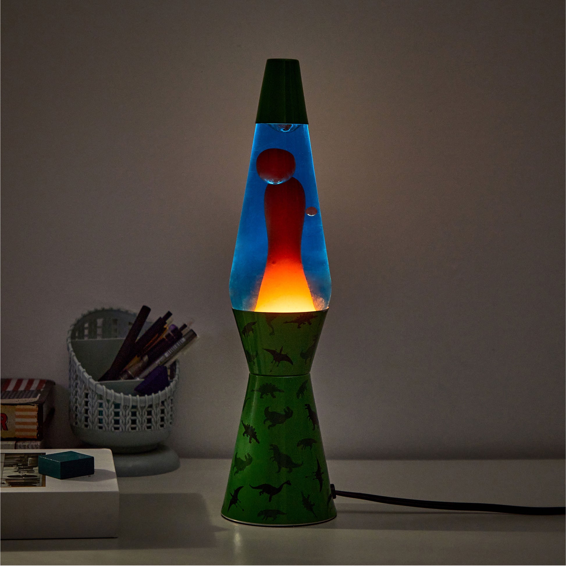 16" Dinosaur Lava Motion Volcano Lamp, Orange Wax in Blue Liquid
