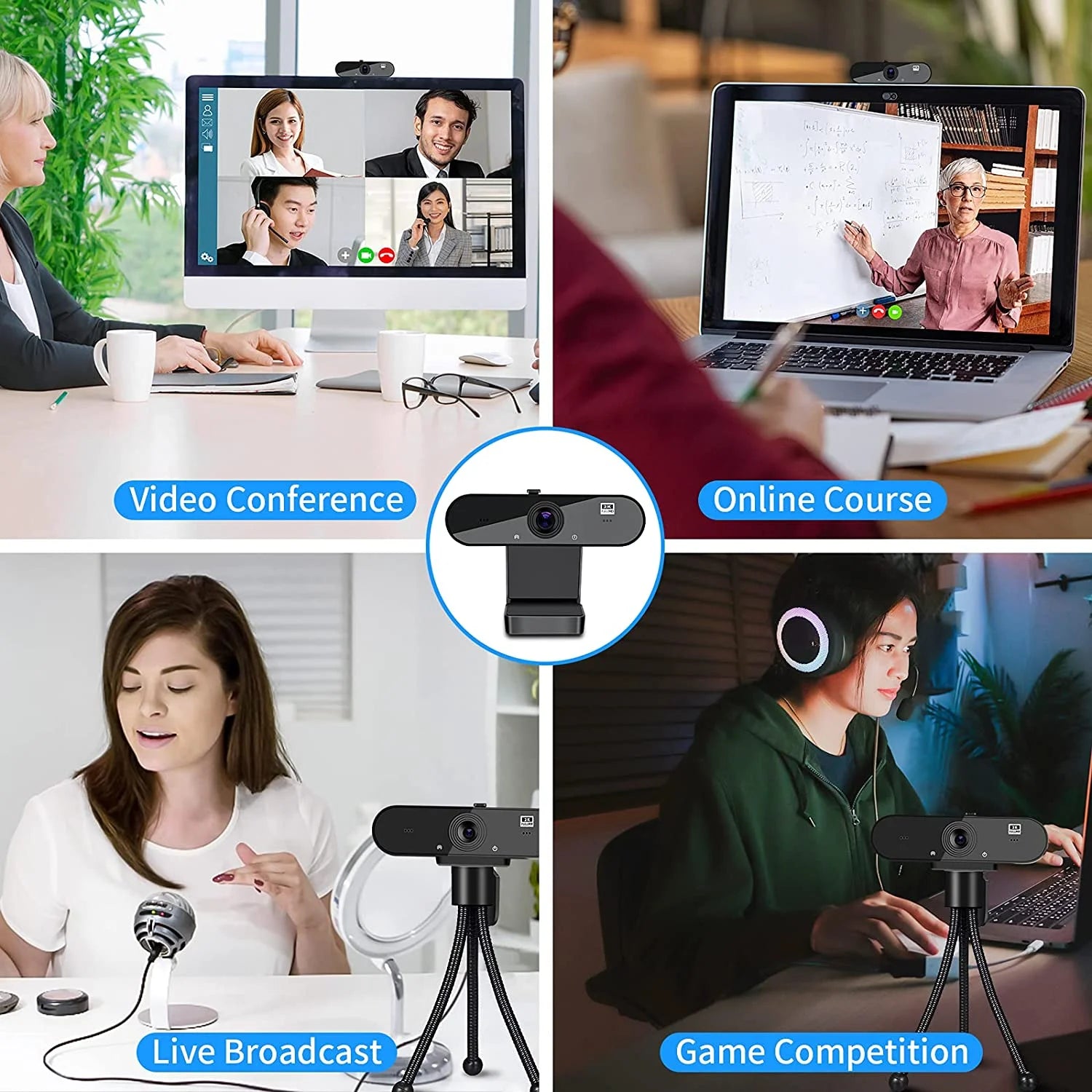 Webcam HD 1080P Web Camera, USB PC Computer Webcam with Microphone, Laptop Desktop Full HD Camera Video Webcam 360 Degree Widescreen, Pro Streaming Webcam for Recording, Calling, Conferencing, Gaming