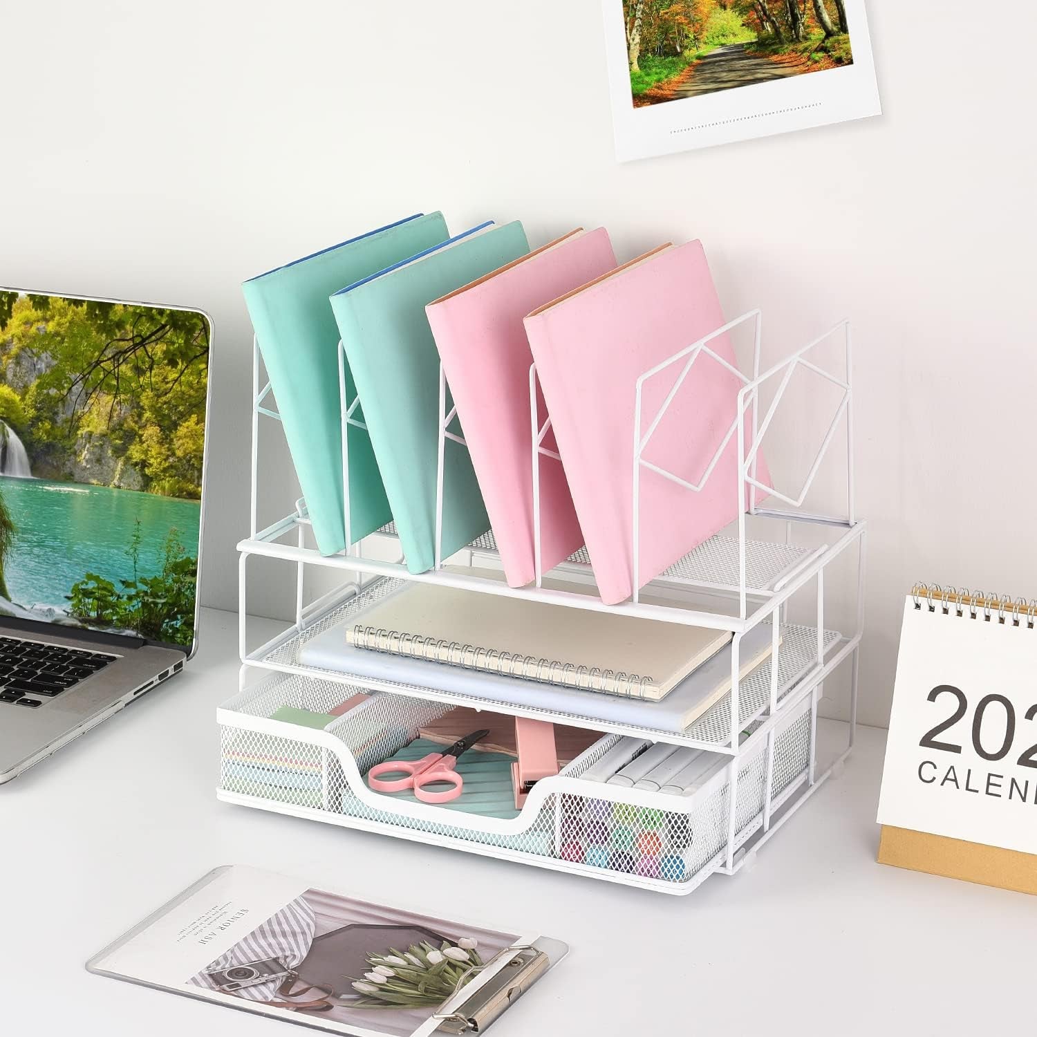 Desk Organizers and Accessories, Office Supplies Organizer with Sliding Drawer, Double Tray 5 Upright Section ​File Sorter (White)