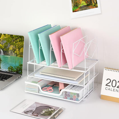 Desk Organizers and Accessories, Office Supplies Organizer with Sliding Drawer, Double Tray 5 Upright Section ​File Sorter (White)