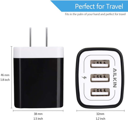 Wall Charger Plug,  USB Plug Wall, 3Multiport Home Charger Station Cube Box Charger Outlet Base Brick Block Replacement for Iphone, Ipad, and Iwatch Charger Plug (Black)
