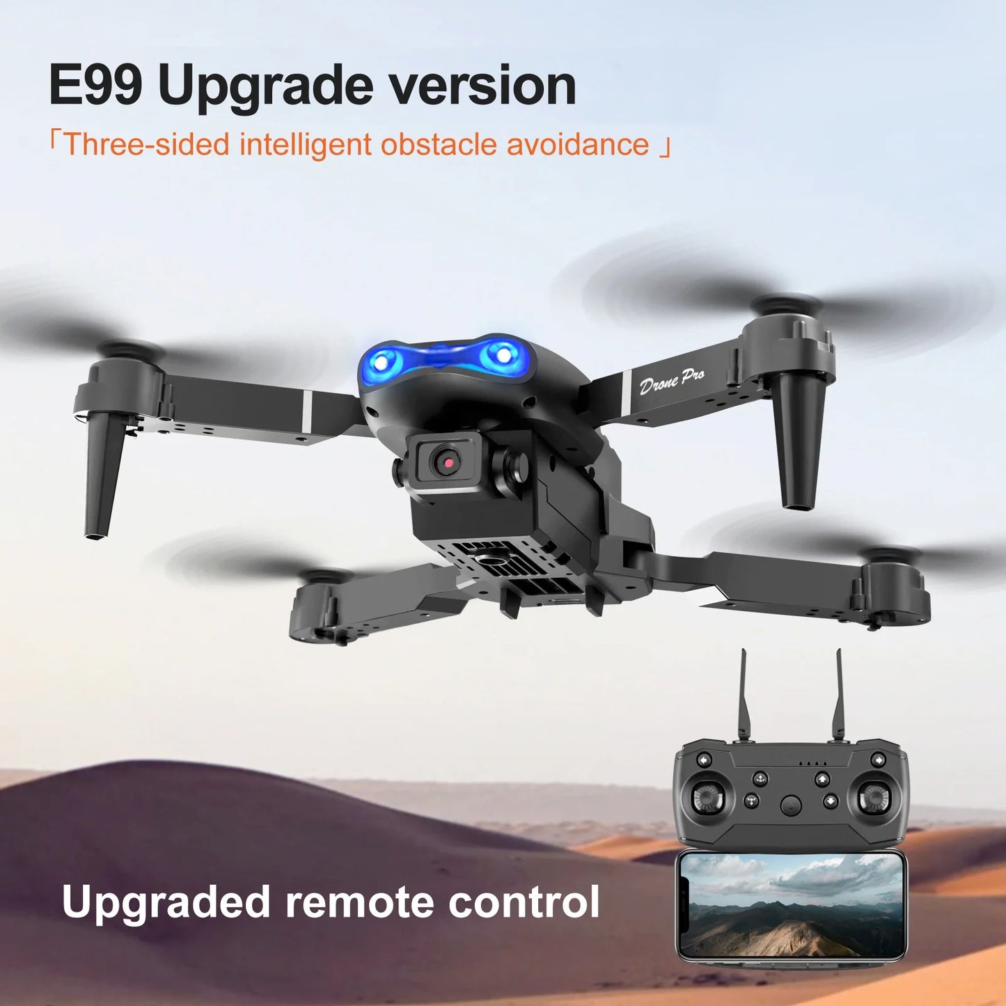 Drone E99Pro HD Dual Camera Quadcopter, Foldable, Altitude Hold, 30 Min Flight, 2 Batteries, Black Case