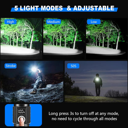 Rechargeable Flashlight High Lumens, XHP70.3 Super Bright Flashlight with Digital Power Display, 5 Modes, IPX7 Waterproof LED Flashlight for Emergencies, Camping, Hiking