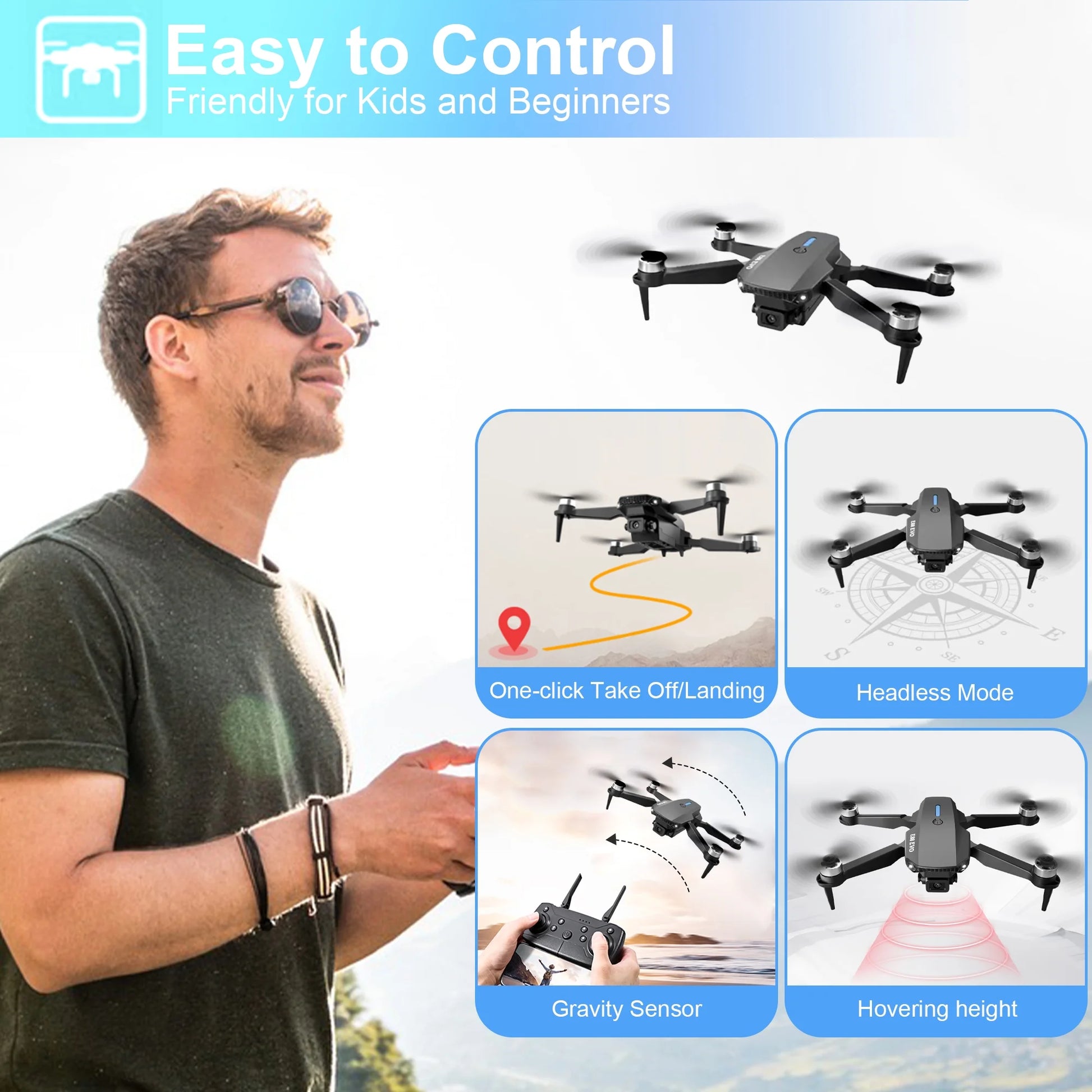 E88 Drone with HD Dual Camera, Mini Drone for Kids, Foldable RC Quadcopter with Brushless Motor, Toys Gifts for Kids and Adults Beginners, Black