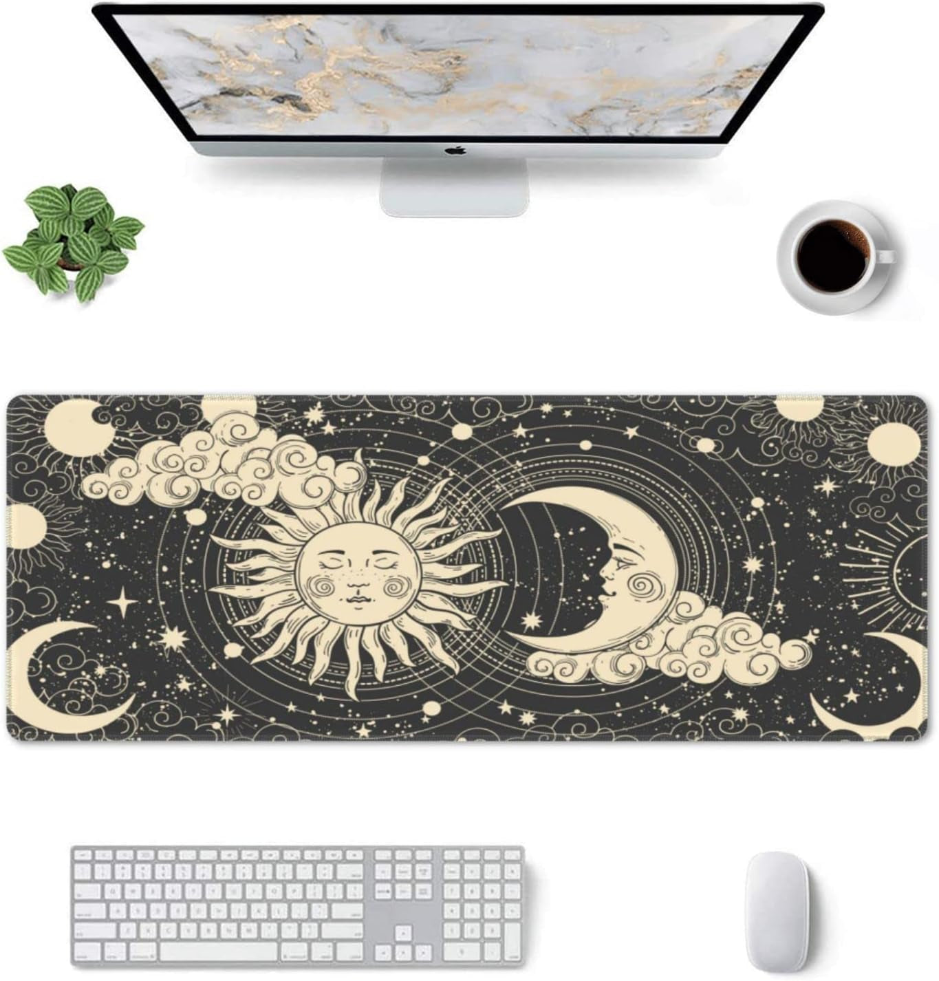 Japanese Ocean Waves Gaming Mouse Pad XL, Non Slip Rubber Base Mousepad, Stitched Edges Desk Pad, Extended Large Mice Pad,31.5 X 11.8 Inch (Astrology Moon Sun)