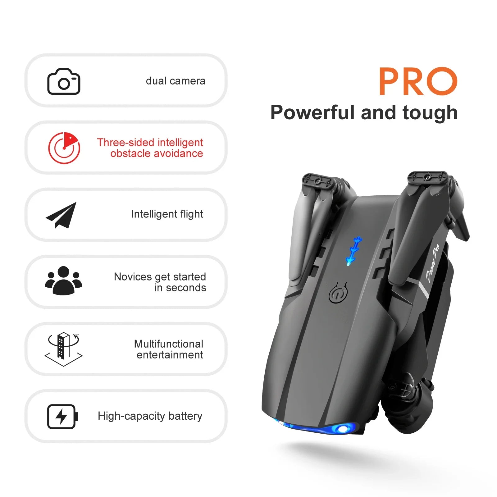 Drone E99Pro HD Dual Camera Quadcopter, Foldable, Altitude Hold, 30 Min Flight, 2 Batteries, Black Case