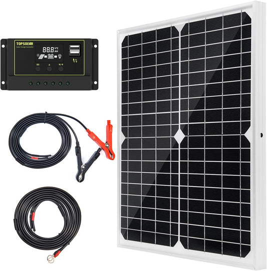 Solar Panel Kit 20W 12V Monocrystalline with 10A Solar Charge Controller + Extension Cable with Battery Clips O-Ring Terminal for RV Marine Boat off Grid System