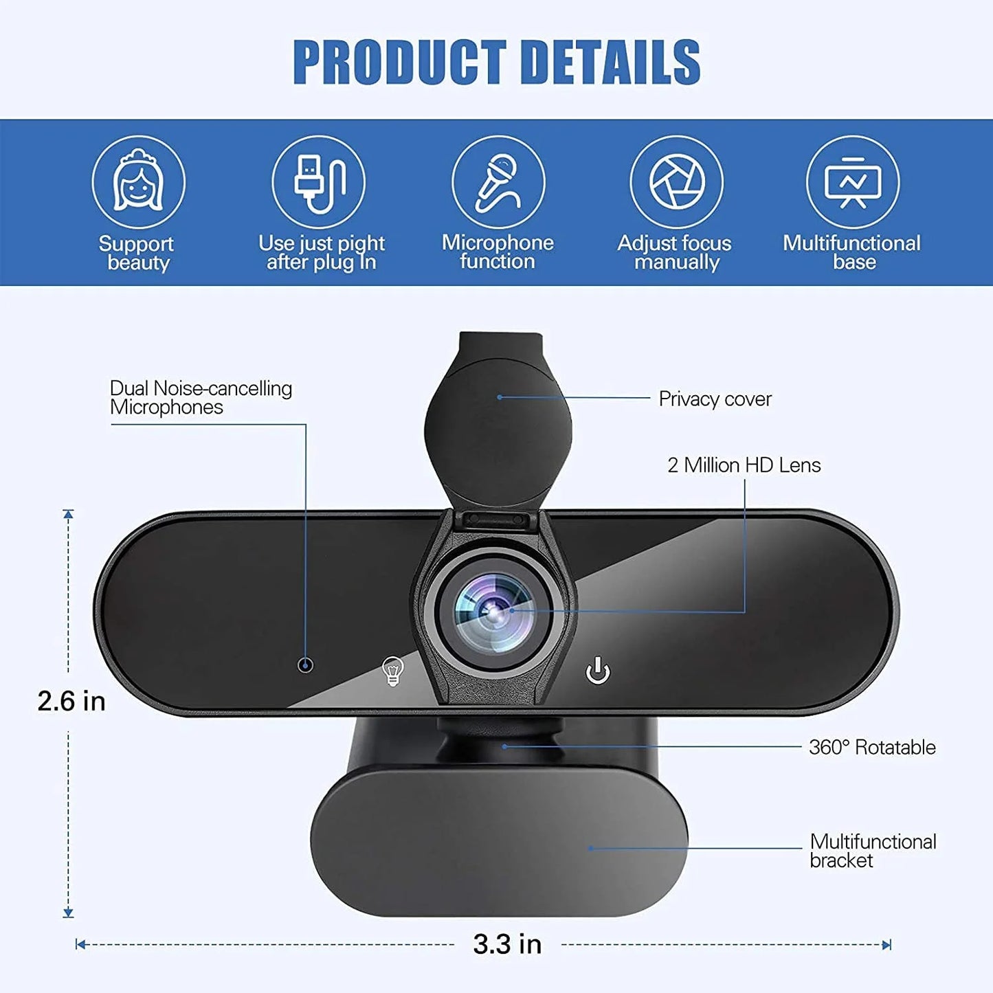 Webcam HD 1080P Web Camera, USB PC Computer Webcam with Microphone, Laptop Desktop Full HD Camera Video Webcam 360 Degree Widescreen, Pro Streaming Webcam for Recording, Calling, Conferencing, Gaming