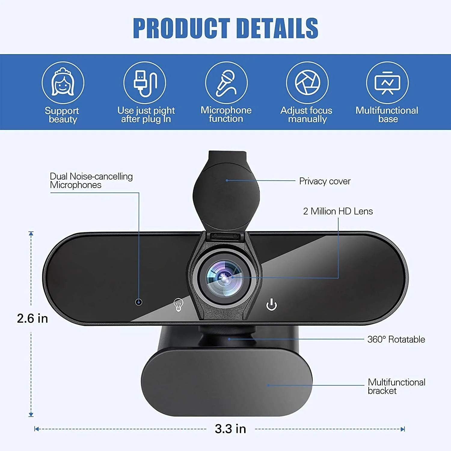 Webcam HD 1080P Web Camera, USB PC Computer Webcam with Microphone, Laptop Desktop Full HD Camera Video Webcam 360 Degree Widescreen, Pro Streaming Webcam for Recording, Calling, Conferencing, Gaming
