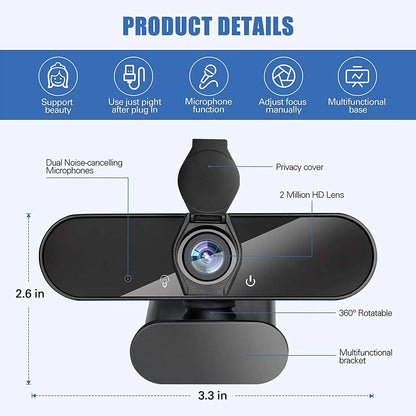 Webcam HD 1080P Web Camera, USB PC Computer Webcam with Microphone, Laptop Desktop Full HD Camera Video Webcam 360 Degree Widescreen, Pro Streaming Webcam for Recording, Calling, Conferencing, Gaming