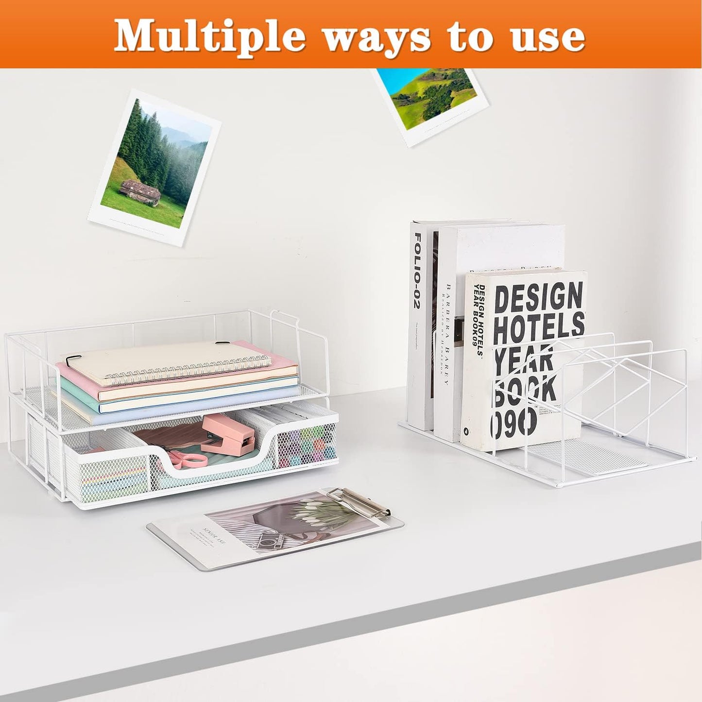 Desk Organizers and Accessories, Office Supplies Organizer with Sliding Drawer, Double Tray 5 Upright Section ​File Sorter (White)