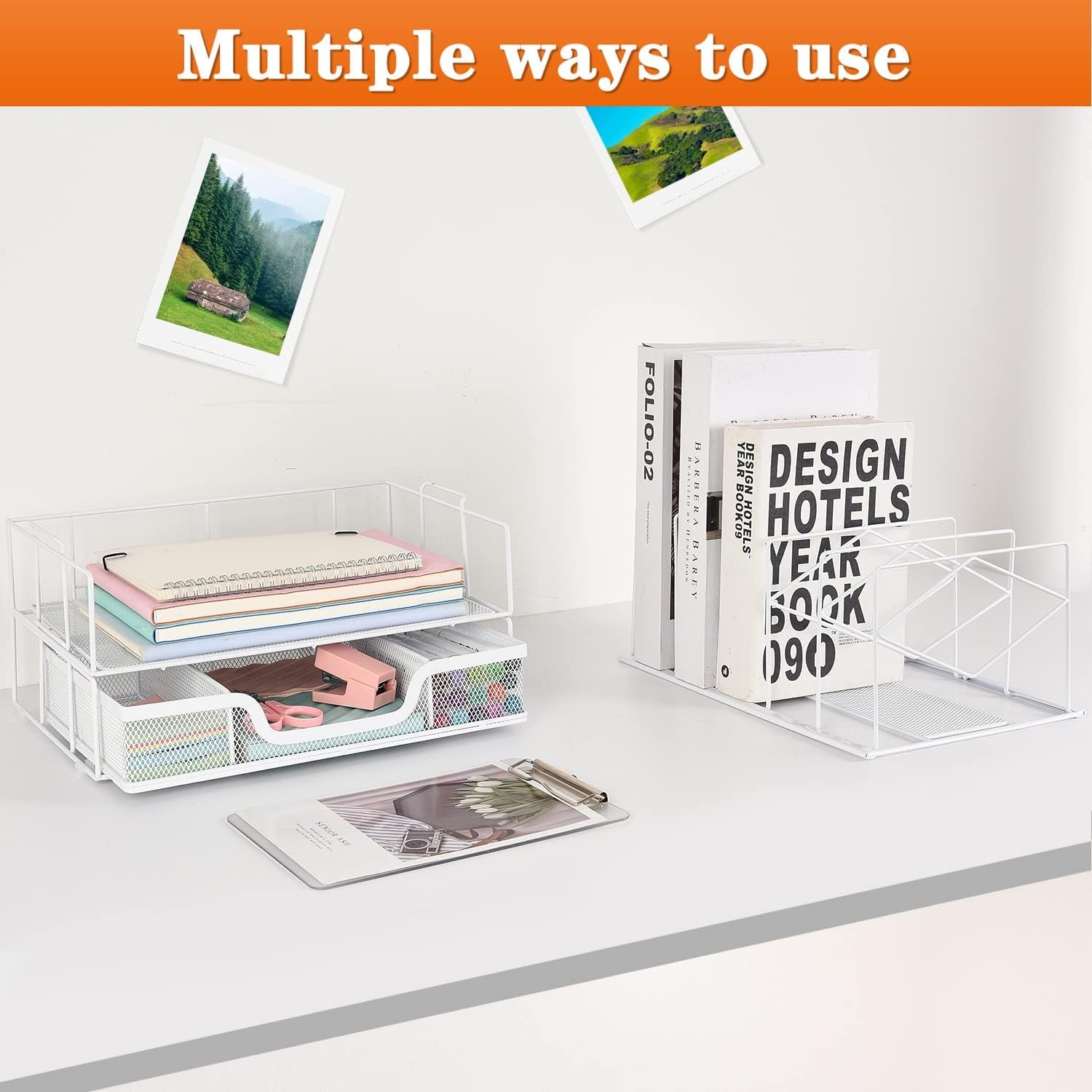 Desk Organizers and Accessories, Office Supplies Organizer with Sliding Drawer, Double Tray 5 Upright Section ​File Sorter (White)