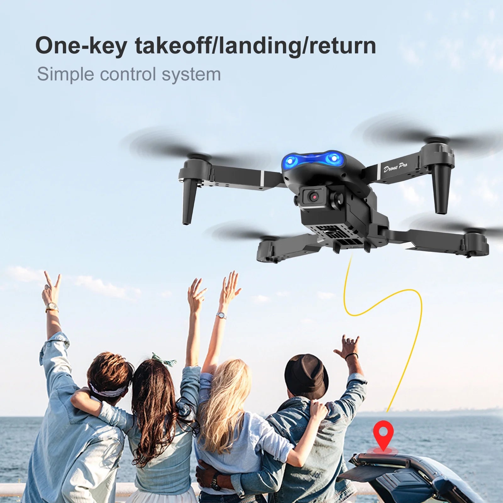 Drone E99Pro HD Dual Camera Quadcopter, Foldable, Altitude Hold, 30 Min Flight, 2 Batteries, Black Case