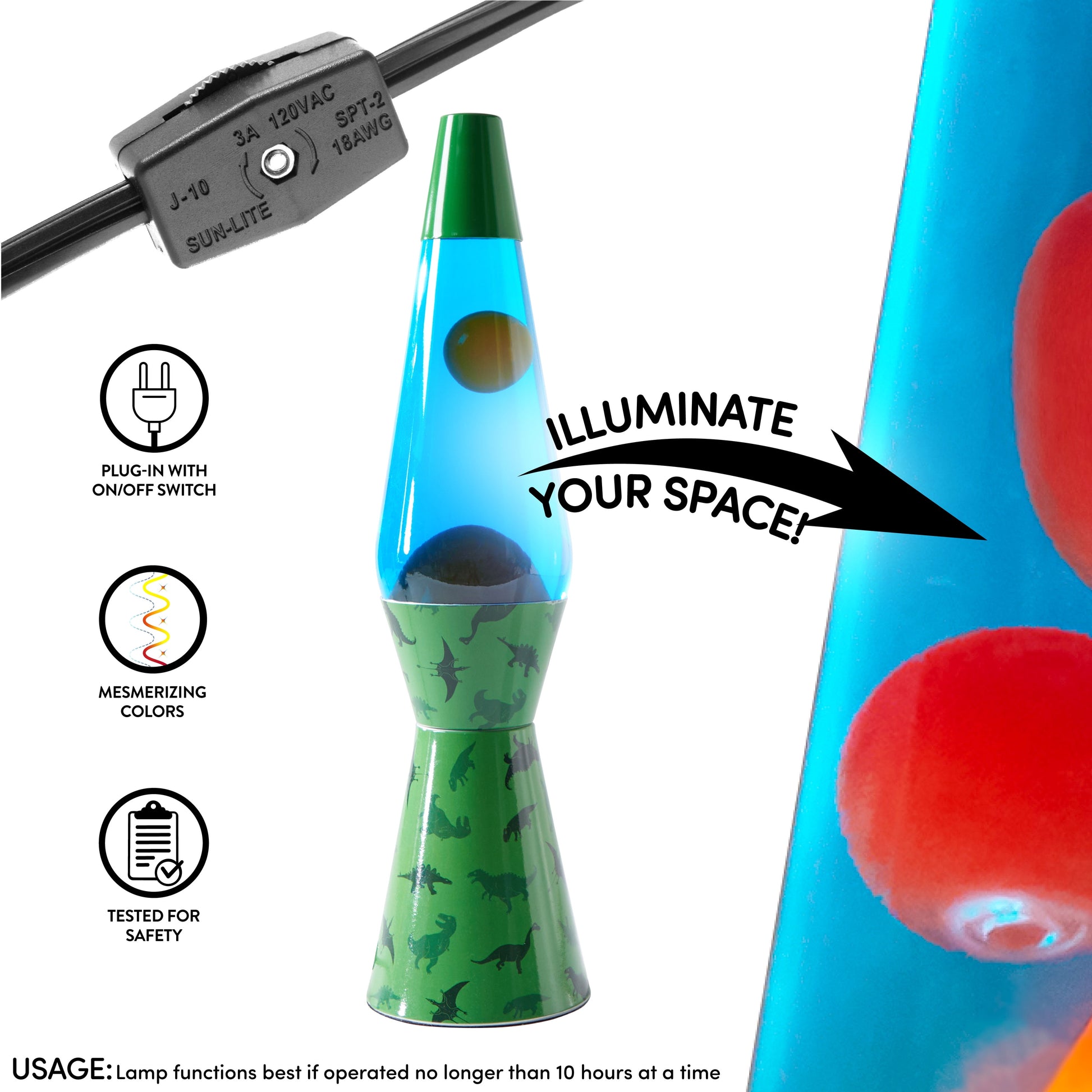 16" Dinosaur Lava Motion Volcano Lamp, Orange Wax in Blue Liquid