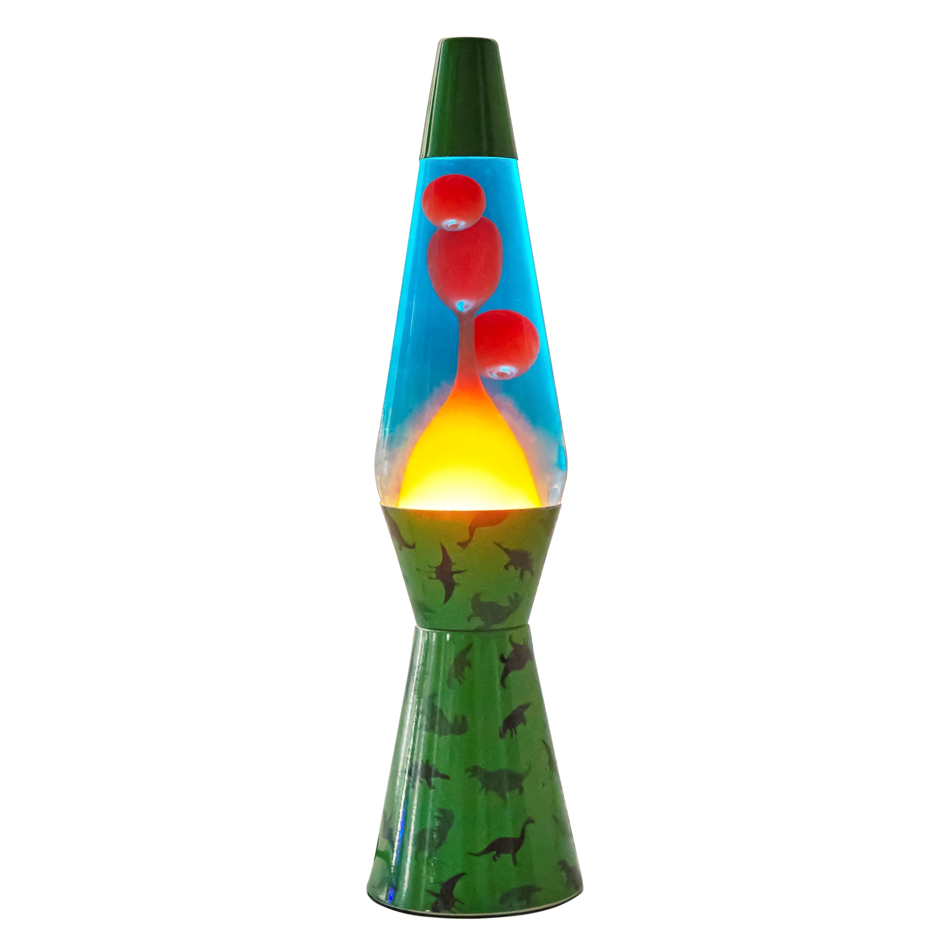 16" Dinosaur Lava Motion Volcano Lamp, Orange Wax in Blue Liquid