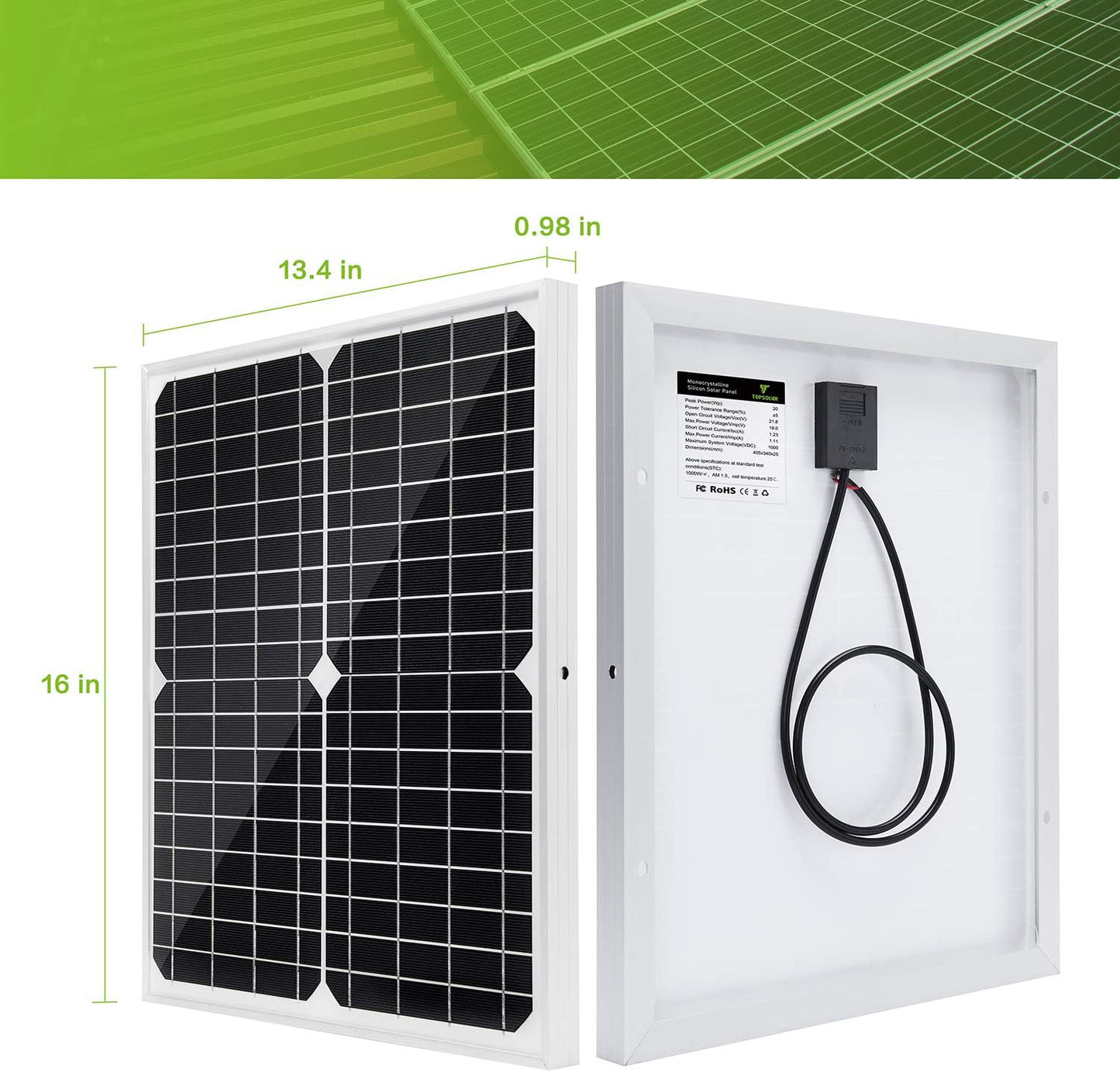 Solar Panel Kit 20W 12V Monocrystalline with 10A Solar Charge Controller + Extension Cable with Battery Clips O-Ring Terminal for RV Marine Boat off Grid System
