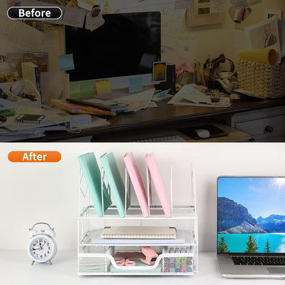 Desk Organizers and Accessories, Office Supplies Organizer with Sliding Drawer, Double Tray 5 Upright Section ​File Sorter (White)